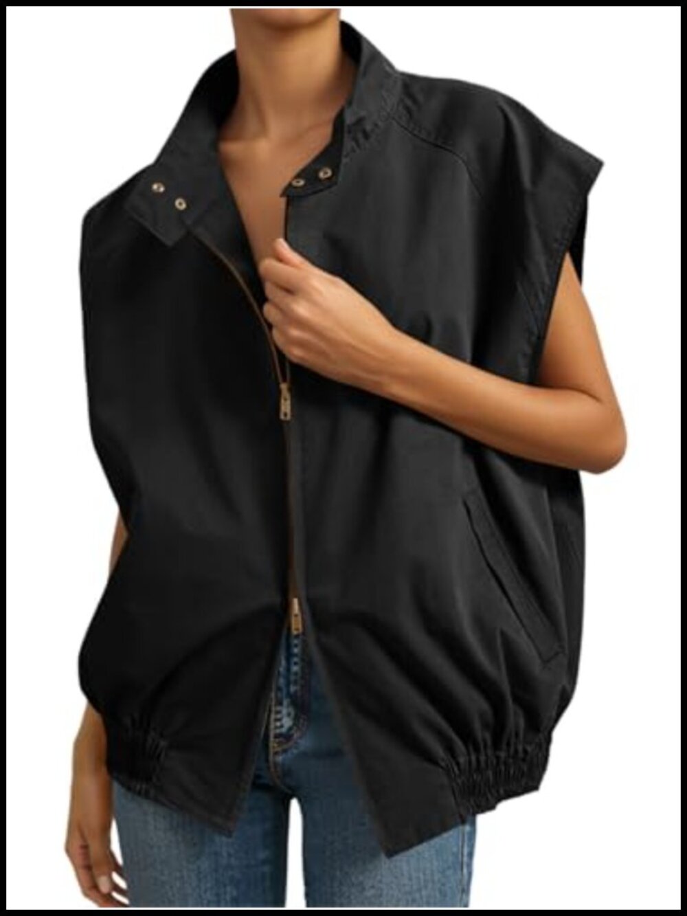 Womens Oversized Zip Up Cap Sleeve Military Vest Utility Top